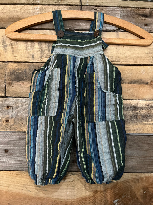 Black and blue striped baby dungarees